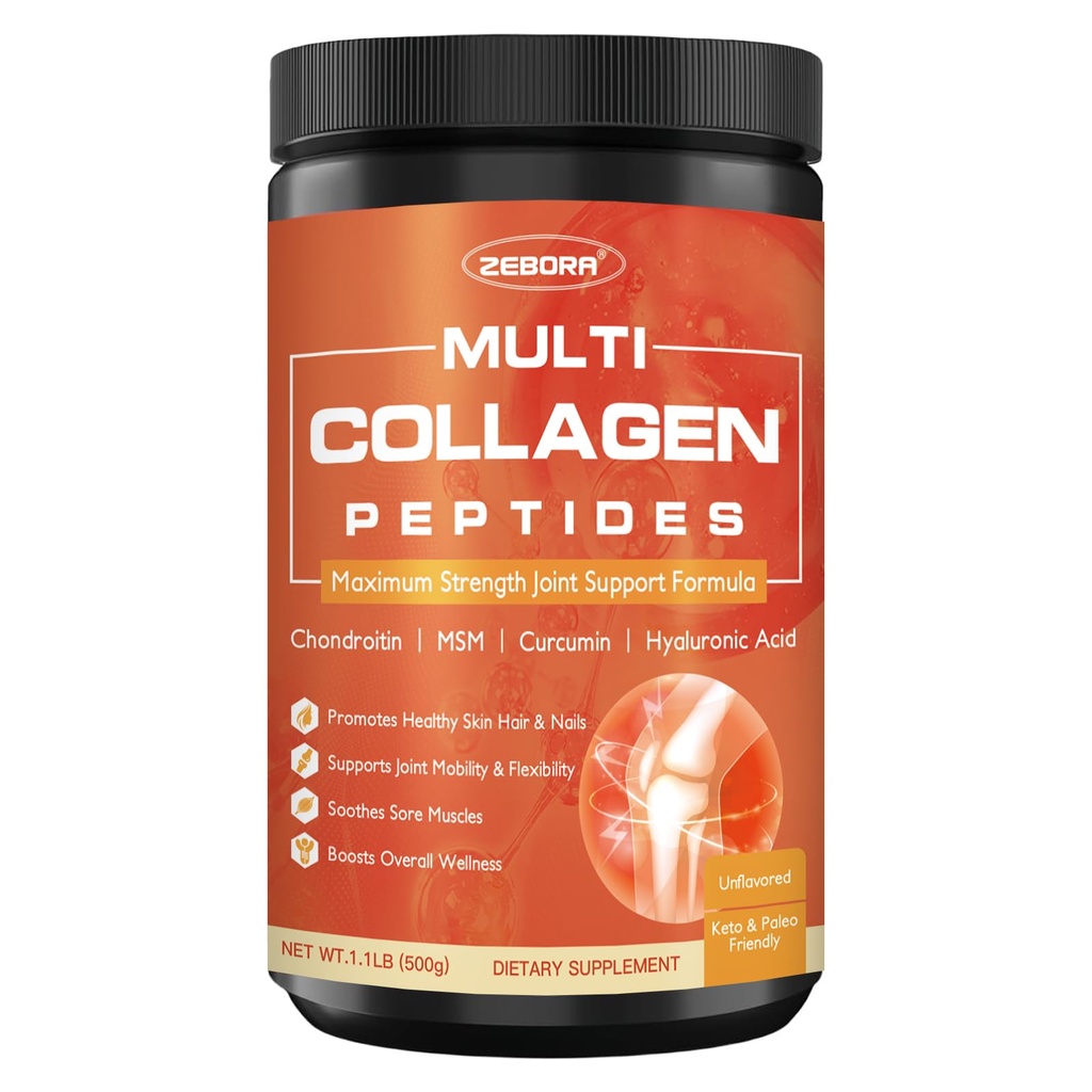 ZEBORA Multi-Collagen-Peptides-Powder for Joint Recovery with MSM & CS - 50 Servings of Hydrolyzed Collagen for Women Men - Type I II III V X Collagen for Skin Hair Nail & Joint Support, Keto Friendly