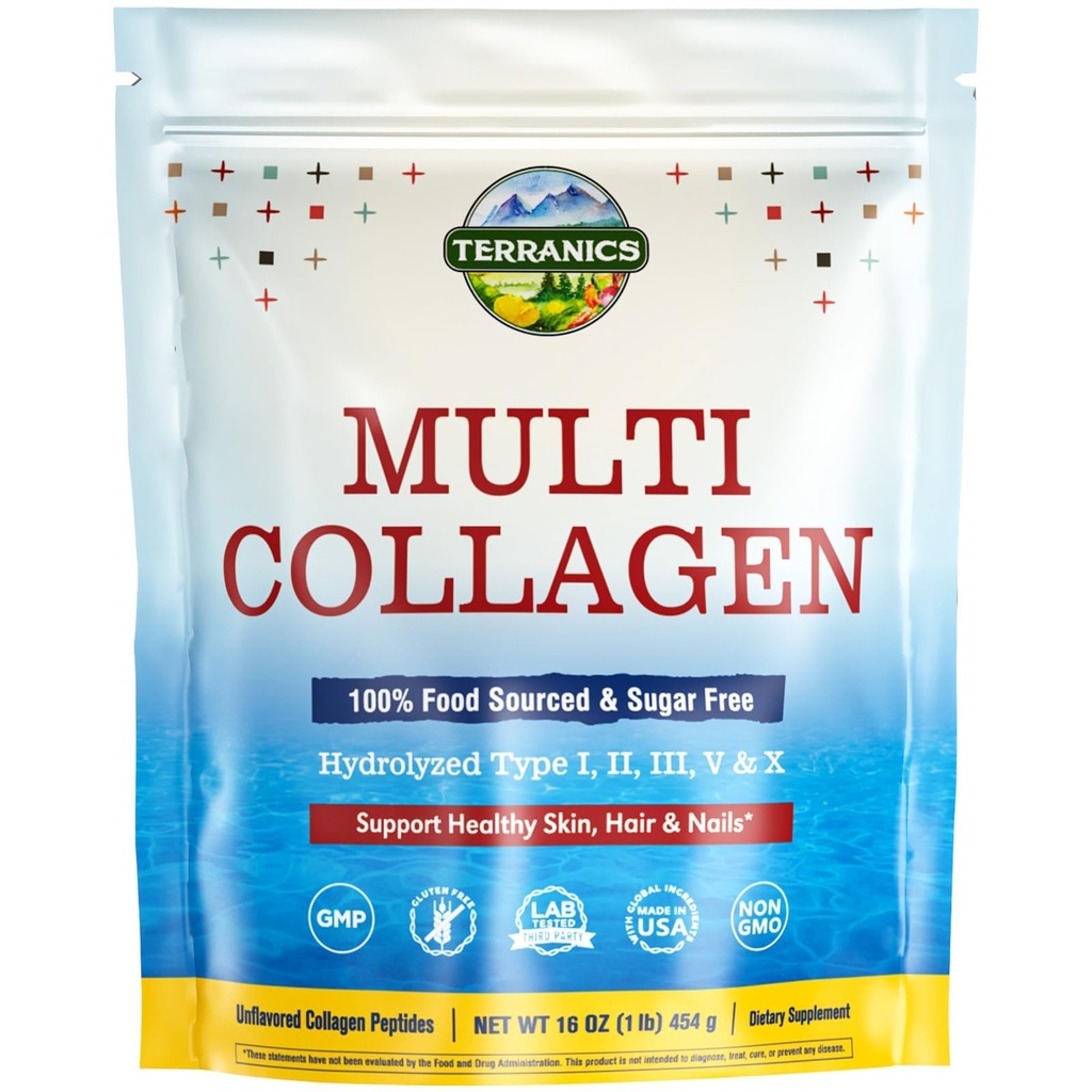 Terranics Multi Collagen Peptides Powder, 1lb, 20g Per Serving, Hydrolyzed Collagen Type I II III V X, Bovine Marine Chicken & Eggshell, No Sugar, Keto, Beauty & Movements Support, Unflavored, 16oz