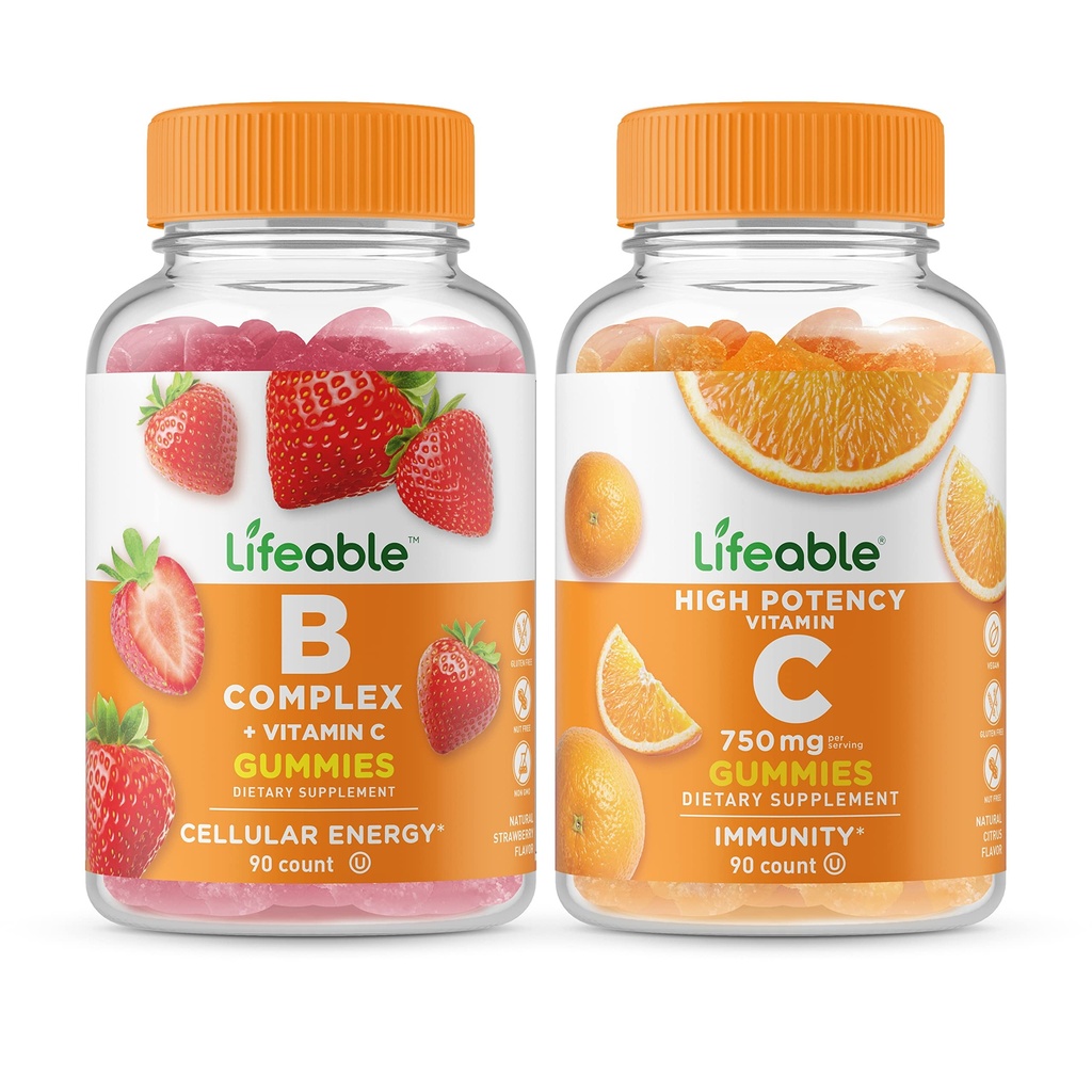 Complejo B Lifeable + Vitamina C 750mg, Gummies Bundle - Gran Tasting, Suplemento de vitamina, Gluten Gratis, GMO Gratis, Chewable