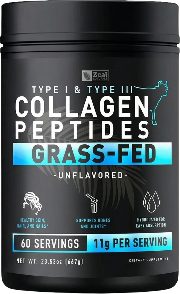 Zeal Naturals Hydrolyzed Collagen Peptides Powder, 10g Protein | Grass-Fed Collagen for Women & Men | Essential Amino Acids | Hair, Skin, Nails, Bone Health | 60 Servings, Unflavored, 23.53 oz.
