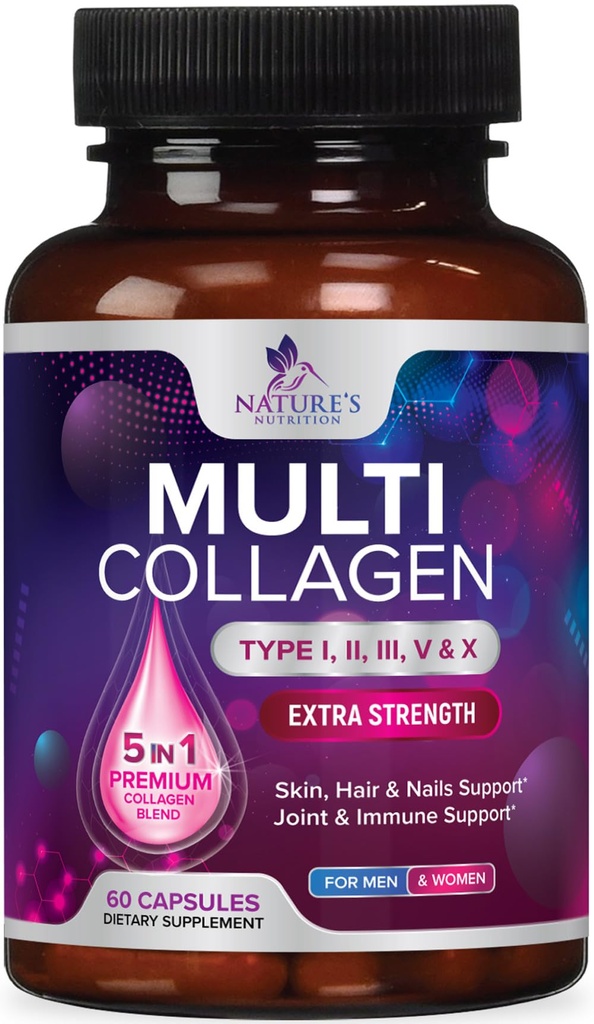 Multi Collagen Pills - Multi Collagen Complex 2400 mg Per Serving - Types I, II, III, V, X - Hydrolyzed Collagen Peptides Supplement - Hair, Skin & Nail Support - Bottled in the USA - 60 Capsules
