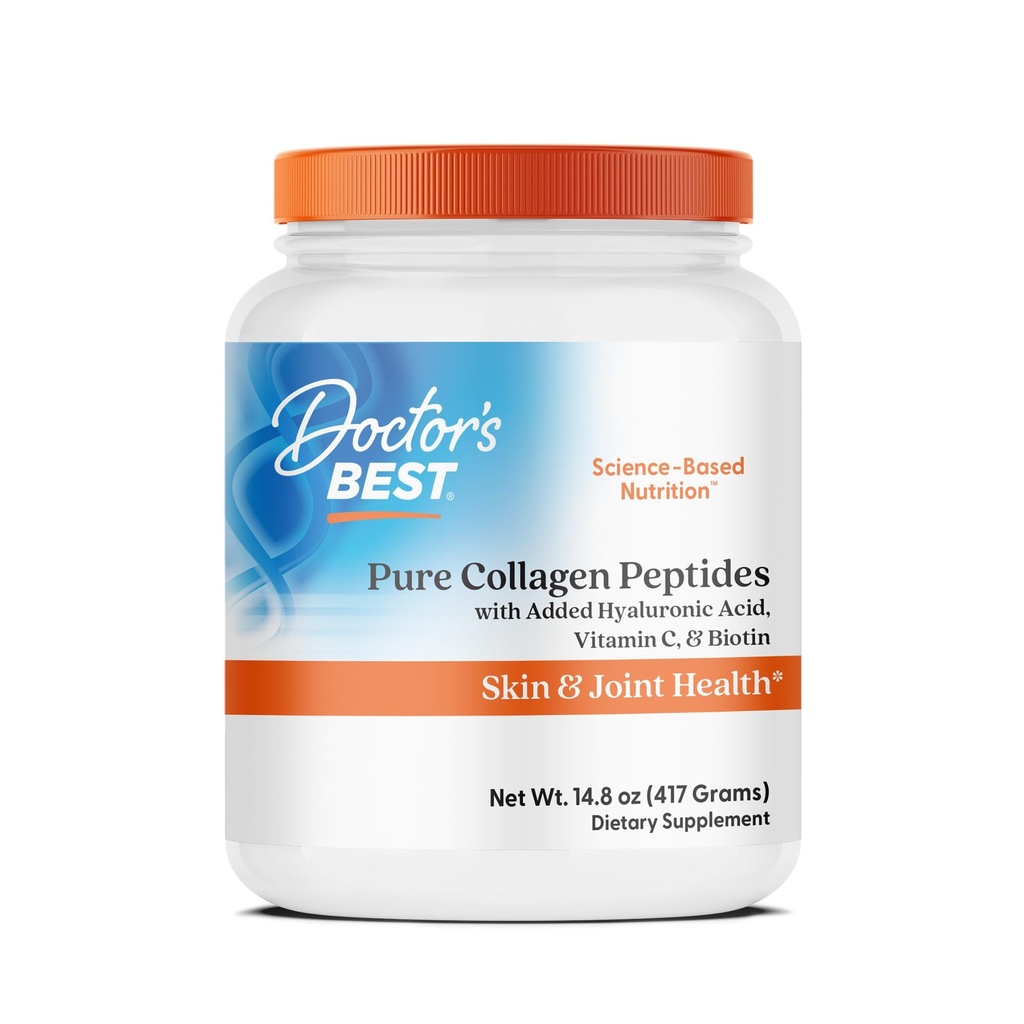 Doctor's BEST Pure Collagen Peptides w/Hyaluronic Acid - Collagen Powder Supplement for Women & Men, Unflavored, 18 g Protein & 90 mg Vitamin C per Serving, Supports Healthy Skin & Hair - 14.8 oz