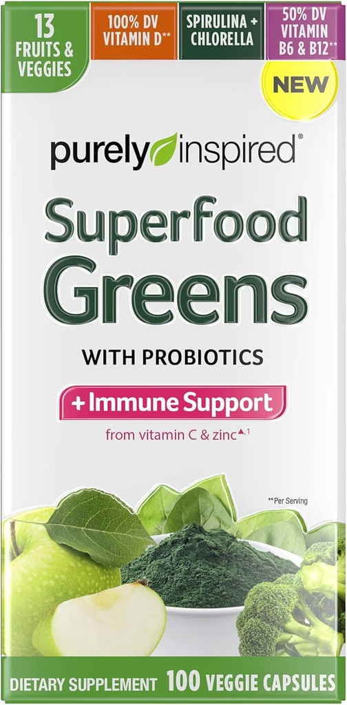 Verdes puramente inspirados Superfood Capsules Superfood Greens Capsules Vitamina C & Zinc para Immune Support + Vitamina D 13 Frutas &amp; verduras 100 cápsulas vegetales