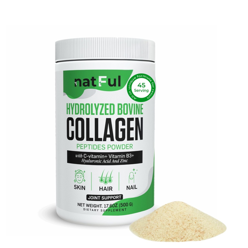 Collagen Peptides Powder – Hydrolyzed Bovine Collagen with Vitamin C, Hyaluronic Acid, Zinc & B3 – Type 1 & 3 Unflavored Protein Powder for Women & Men Hair, Skin, Nails, Joints 45 Servings