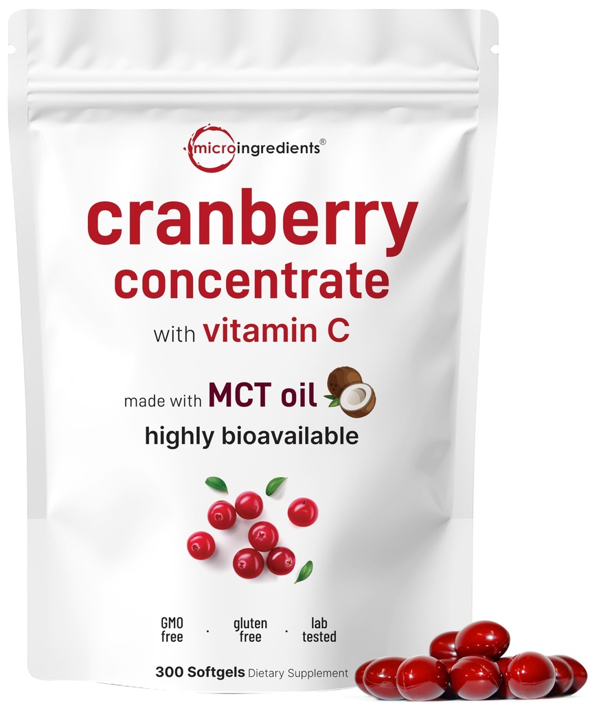 Micro Ingredients Cranberry Supplement for Women | 300 Softgels with Vitamin C & MCT Oil | Cranberry Pills for Women Support Urinary Tract Health*