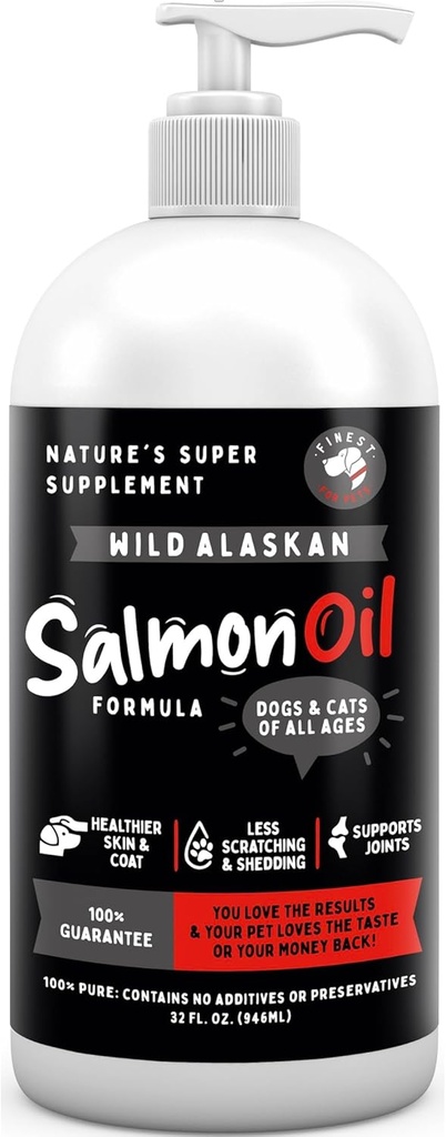 Finest Para Mascotas Salvaje Aceite de Salmón de Alaska para Perros &amp; Gatos - Omega 3 Aceite de pescado con Pollock &amp; Salmón para la piel sensible &amp; salud de la carne. EPA & DHA Ease Itching, Supports Joint, Immune & Heart Health (32oz)