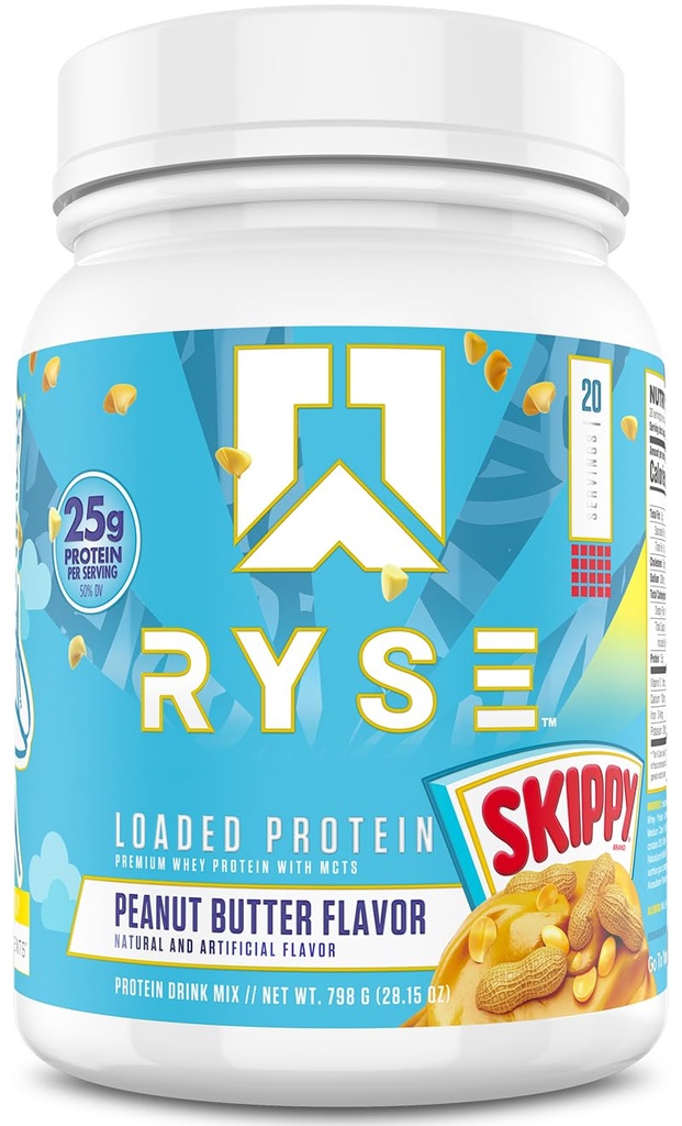RYSE Loaded Protein Powder - Skippy Peanut Butter - 25g Whey Protein Isolate & Concentrate with Prebiotic Fiber & MCTs - Low Carb, Low Sugar, Digestive-Friendly - 20 Servings / 1.5 lb Tub