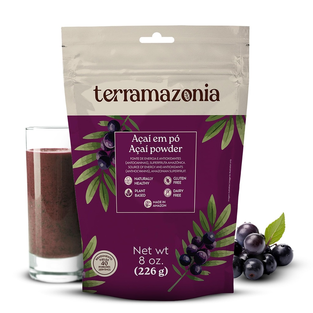 Terria – Açaí Powder Superfood 8oz | 226g – Nutrient-Rich, Fiber & Energy Boost - Wild Harvested, from Brazil - No Sugar, Gluten Free