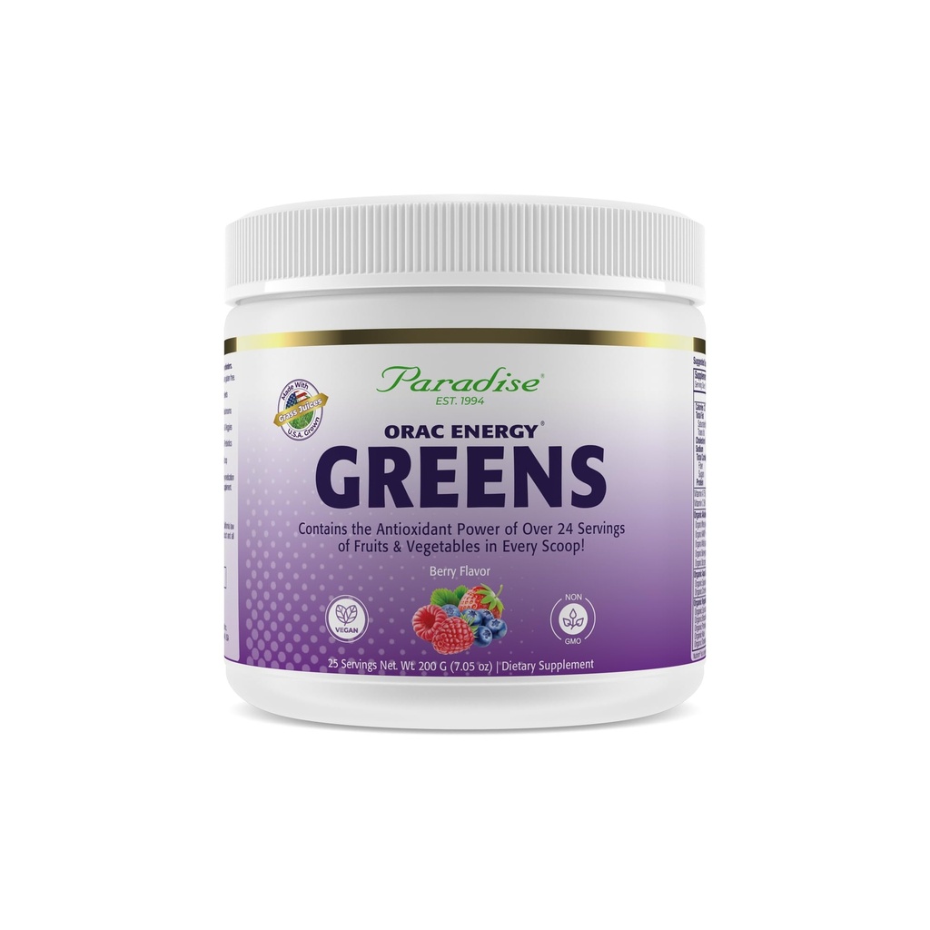 Paradise Herbs ORAC Energy Greens, Berry Superfood Powder, Over 40,000 ORAC Antioxidants, Organic Greens, Berries, Mushrooms & Probiotics, Non-GMO, Gluten-Free, 25 Servings