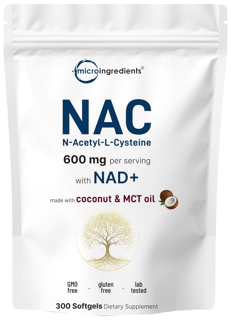 Micro Ingredients NAC Supplement 600mg with NAD+ & Coconut Oil, 300 Softgels | 2-in-1 N Acetyl L Cysteine Plus Nicotinamide Forms | NAD Supplements for Women & Men | Non-GMO, Gluten Free