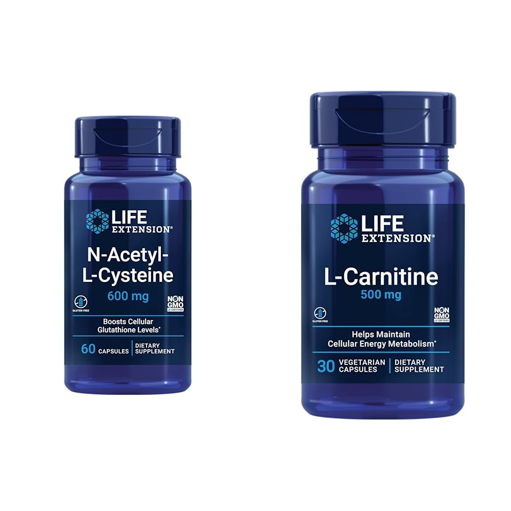 Life Extension NAC Immune & Respiratory Support & L-Carnitine Energy, Memory & Heart Health, 600mg NAC & 500mg L-Carnitine, 60 & 30 Capsules