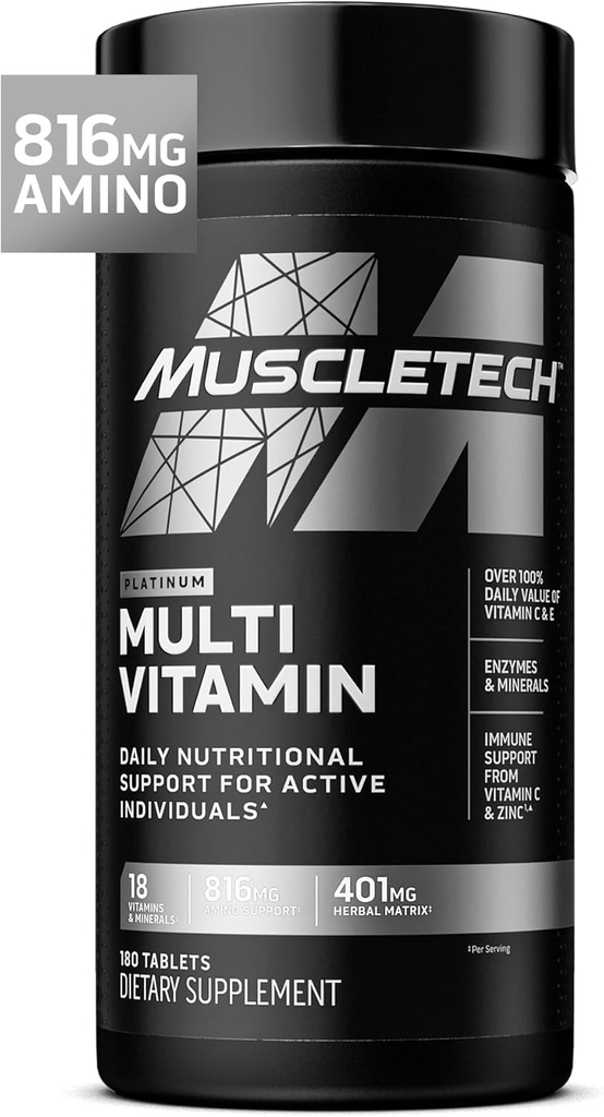 Muscletech Platinum Multivitamínico para Mujeres Hombres - Suplemento Multi-Vitamin para Apoyo Inmunitario - 18 Vitaminas & Minerales, Vitamina A C D E B6 B12 - Suplementos de entrenamiento diario para hombres - 180 cápsulas