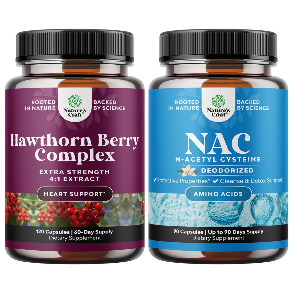 Bundle of Extra Strength Hawthorn Berry Capsules - Heart Health Supplement and NAC Supplement N-Acetyl Cysteine 600mg - Liver Cleanse Detox Kidney Support Lung Health Immunity and Brain Supplement