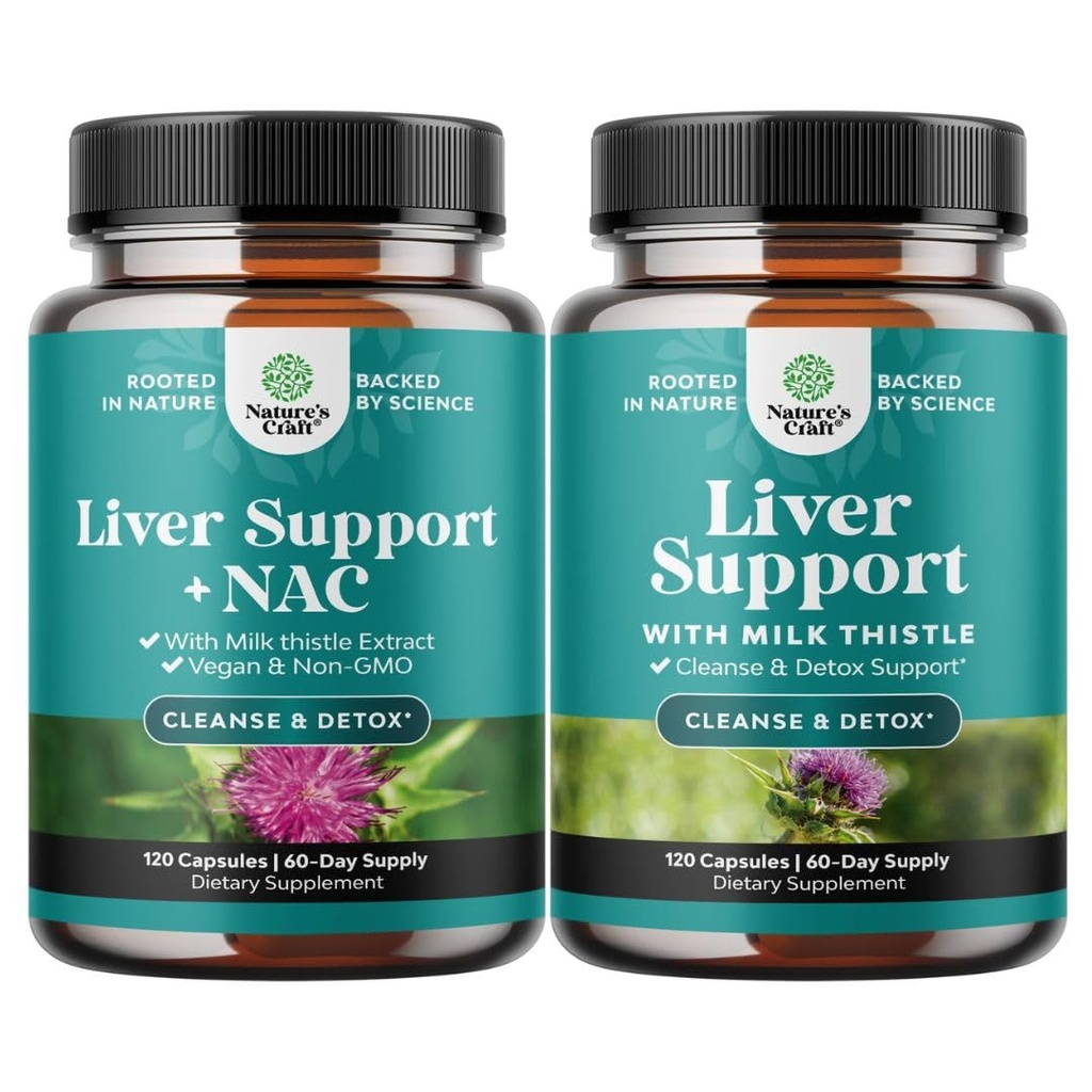 Bundle of Liver Support NAC - N Acetyl Cysteine Antioxidants Turmeric Choline Dandelion & L-Glutathione and Liver Cleanse Detox & Repair - Silymarin Milk Thistle Supplement with Artichoke Extract