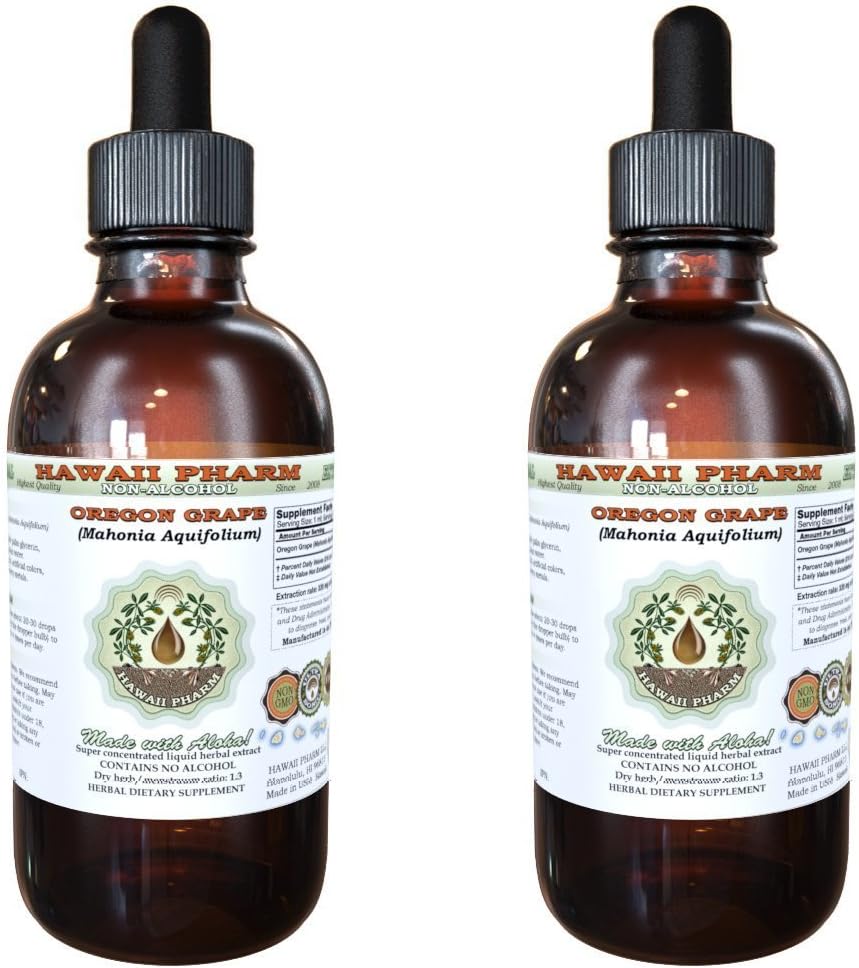 Hawaii Pharm Oregon Grape Alcohol-Free Liquid Extract, Oregon Grape (Mahonia acufolium) Dried Root Glycerite Natural Herbal Supplement, USA 2x2 fl.oz