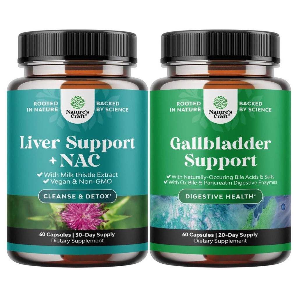 Bundle of Liver Support NAC Supplement with Milk Thistle for Liver Cleanse Detox & Repair and Ox Bile Salts for Gallbladder Support - Purified Bile Salts Pancreatin Digestive Enzymes Ox & Betaine HCL