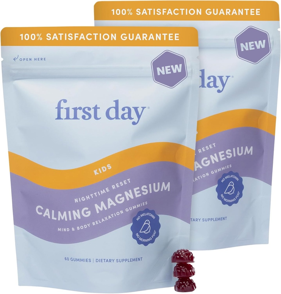 FIRST DAY Magnesium for Kids Gummies – Calm Kids Magnesium Citrate Gummies to Support Sleep & Relaxation – Bedtime Supplement with Suntheanine® L-Theanine, NO Melatonin - Strawberry - 30-Day Supply
