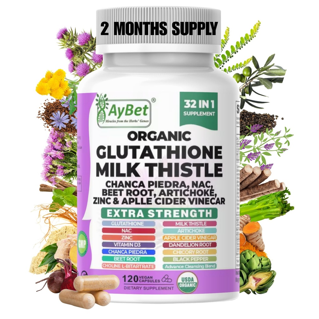 Glutathione NAC Milk Thistle Supplement | Liver Health Support | 32-in-1 Herbal Antioxidant Formula with Chanca Piedra, Turmeric, Dandelion Root, Beet Root & Zinc | Halal Vegan Organic Daily Wellness
