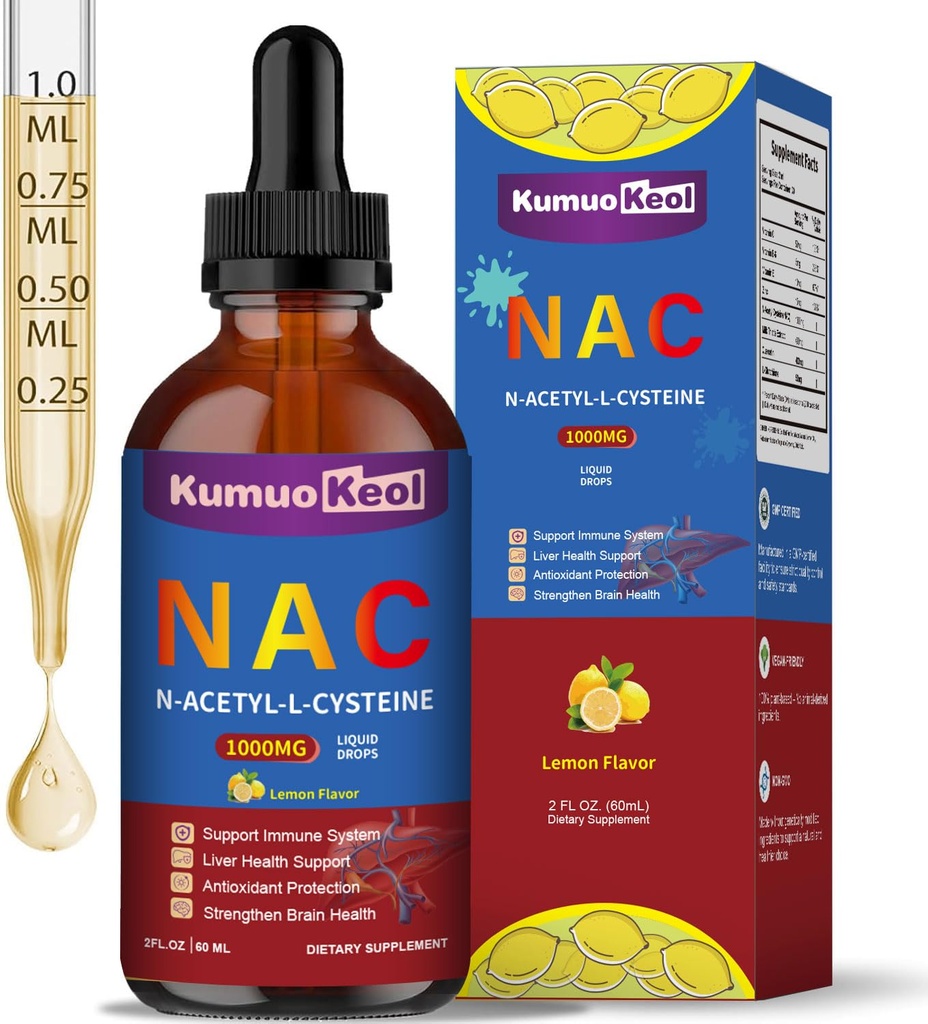 NAC 1000mg Drops, N-Acetyl Cysteine Liquid, with Quercetin and Zinc for Adults, Kids, Support Liver and Lung Function, Antioxidants, Immunity, Skin Health, 2 Fl Oz