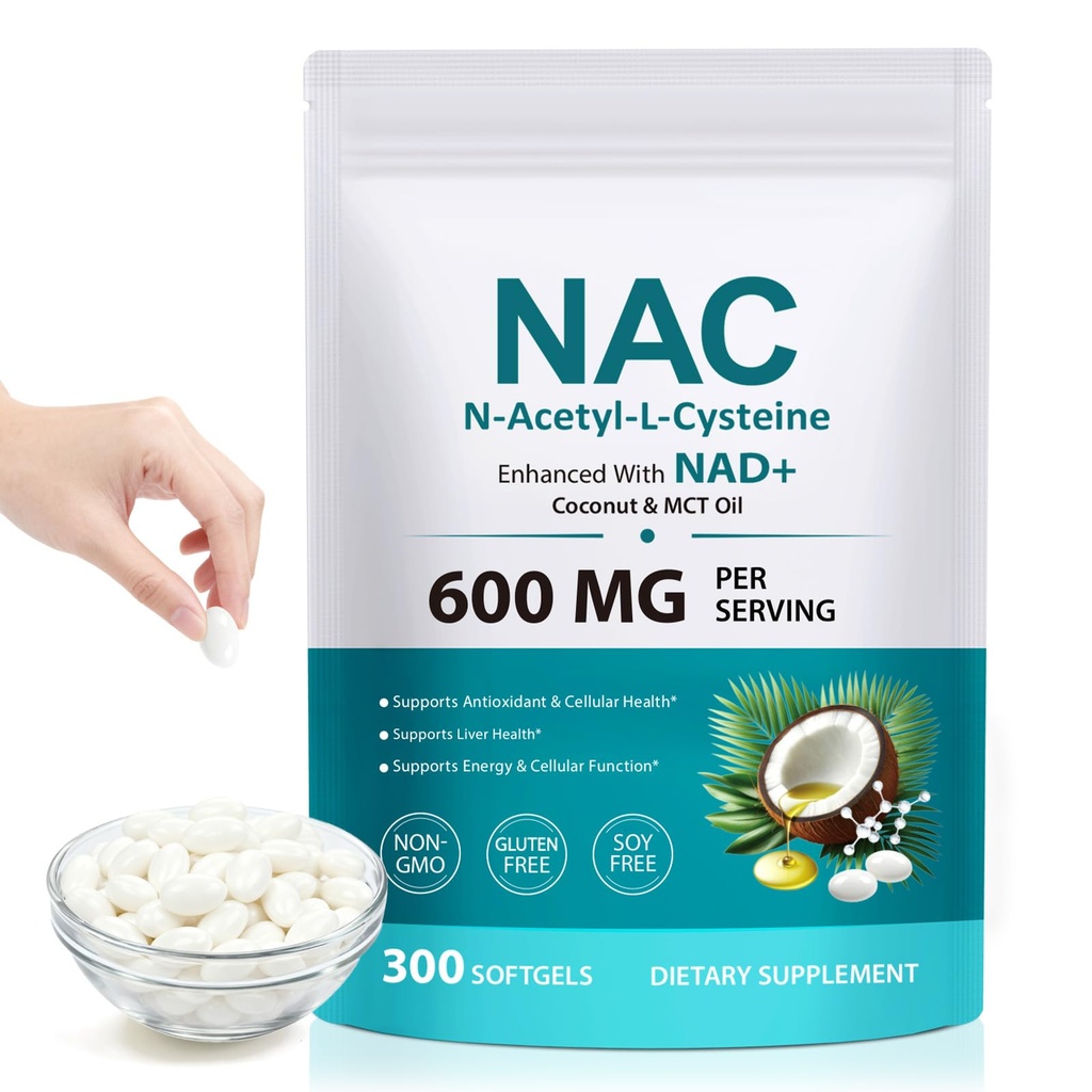 NAC 600mg with NAD+ & MCT Oil Softgels – N-Acetyl Cysteine Supplement for Daily Wellness Support – Non-GMO, Gluten Free – 300 Count