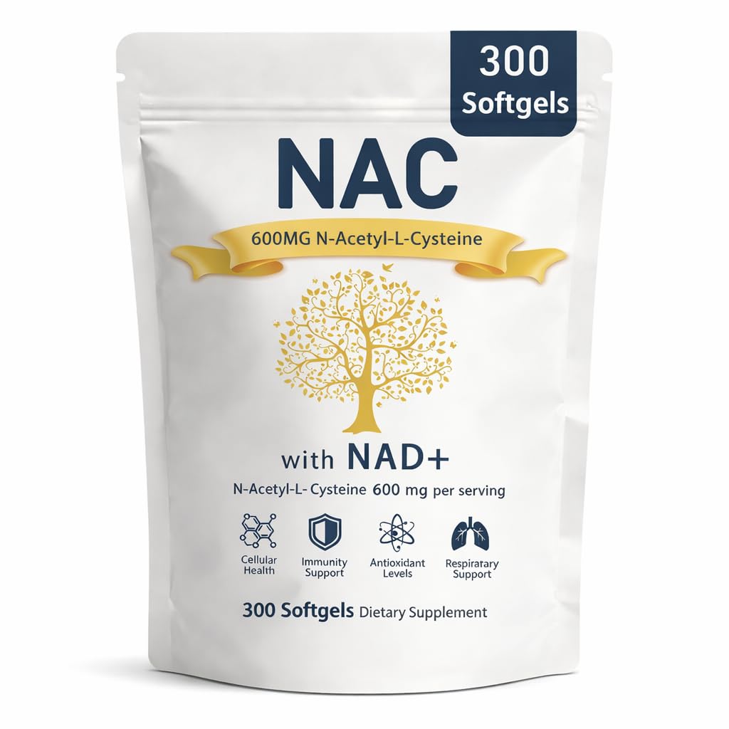 NAC Supplement 600mg with NAD+ & Coconut Oil, 300 Softgels, N-Acetyl L-Cysteine Supplement, Nicotinamide Support for Women & Men, Non-GMO, Gluten Free