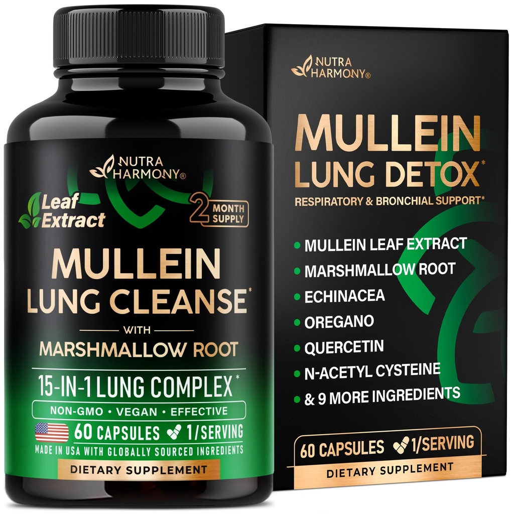 Mullein Lung Detox - Mullein Leaf 10:1 Extract - Marshmallow Root | Echinacea | Oregano | Quercetin | NAC - 15-in-1 Lung Support & Cleanse for Smokers Supplement - Made in USA - As Drops - 60 Capsules