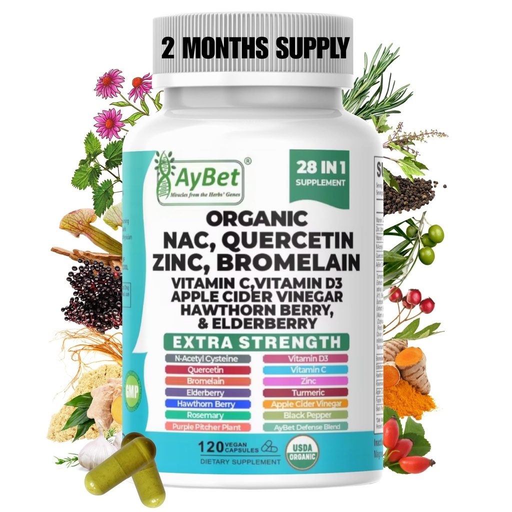 NAC-n-acetyl cysteine- Quercetin Zinc Bromelain Supplement | Extra Strength with Vit C, D3, Apple Cider Vinegar, Elderberry, Hawthorn Berry, Turmeric | Immune Support|120 Vegan Capsules | USDA Organic