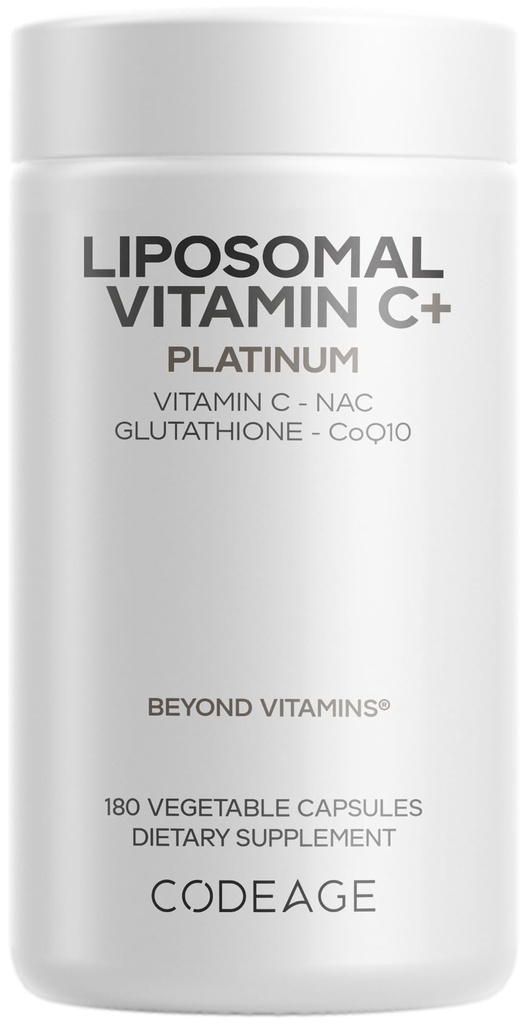 Codeage Liposomal Vitamin C+ Platinum - 1000 Mg Vitamin C Vitamins, Glutathione, NAC (N Acetyl Cysteine), Resveratrol, CoQ10, Rutin, Elderberry, Quercetin, Rosehip, Citrus Bioflavonoids - 180 Capsules