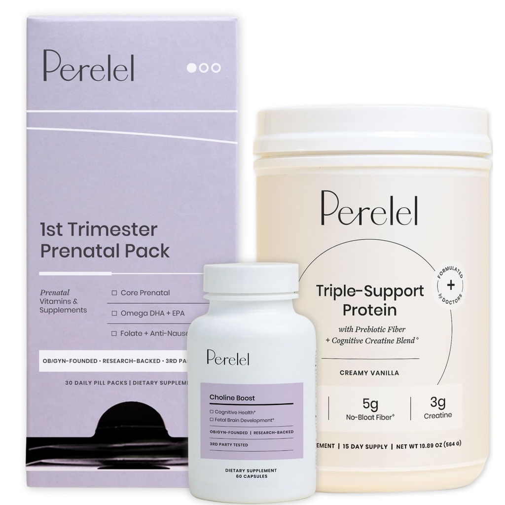 Perelel Early Pregnancy Support Bundle, 1st Trimester Prenatal Vitamin Pack, Triple-Support Protein, & Choline Boost