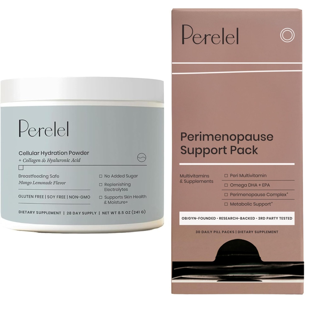 Perelel Hydration Powder & Peri Support Pack, Electrolyte Supplement & Perimenopause Vitamins for Women, 30 Daily Pills and 28 Servings of Powder