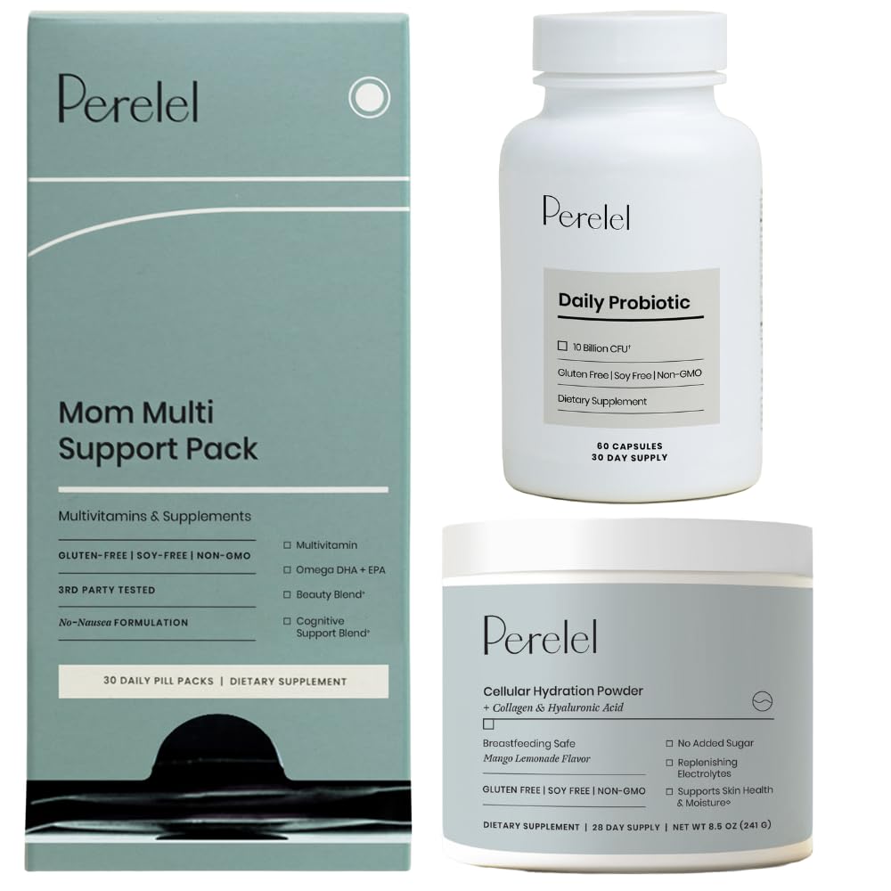 Perelel Postpartum Care Bundle, Mom Multi Support Pack & Hydration Powder & Daily Probiotic, 30 Daily Pill Packs & 28 Servings of Hydration Powder & 60 Capsules