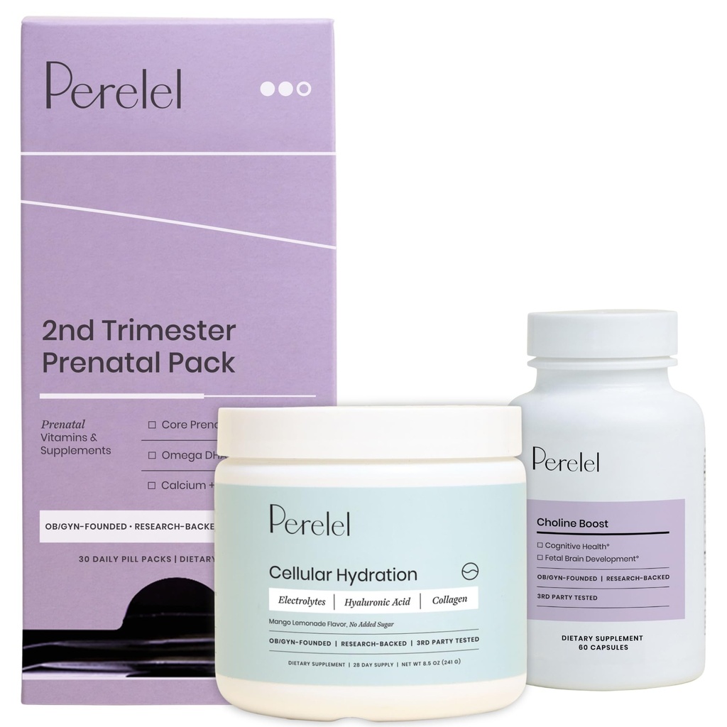 Perelel 2nd Trimester Bundle, 2nd Trimester Prenatal Vitamin Pack, Hydration Powder, & Choline Boost
