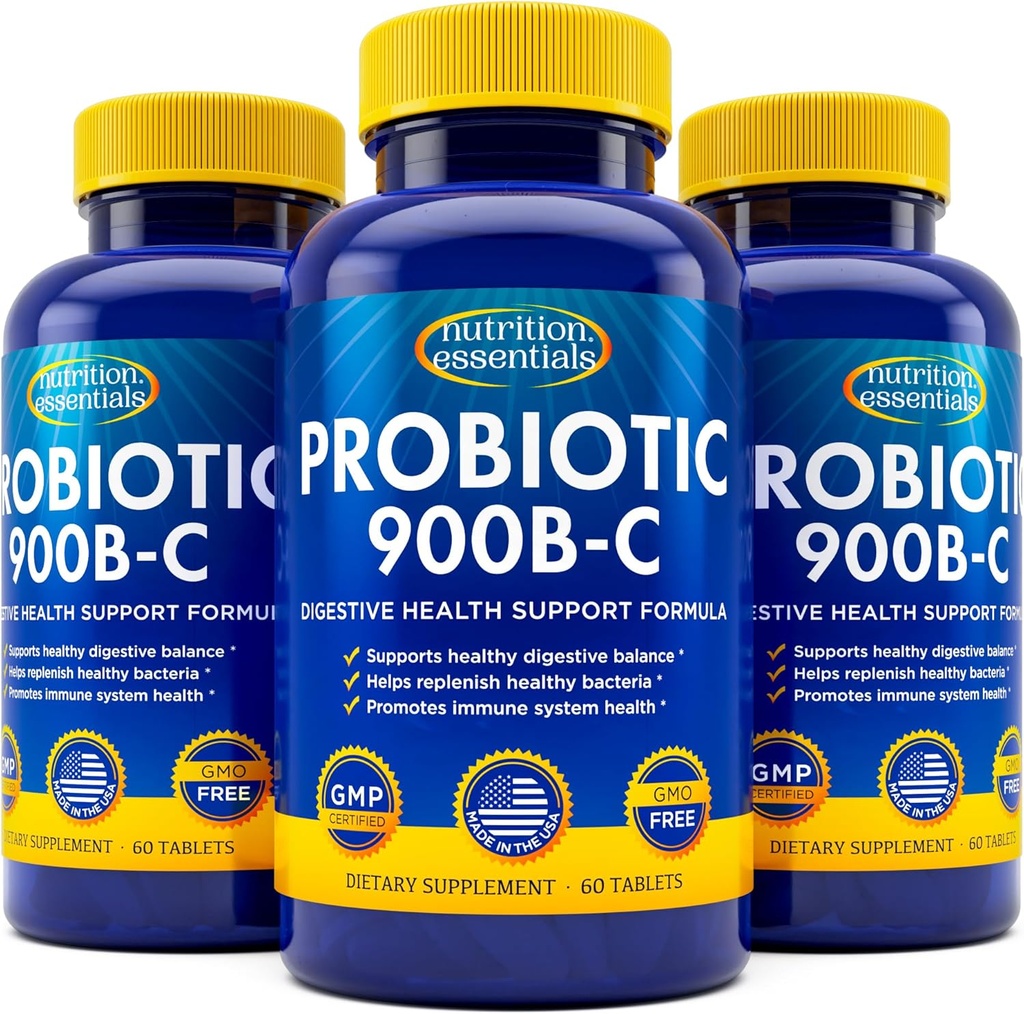 Nutrición Esenciales Probióticos para Mujeres y Hombres con Enzima Natural Lactasa & Fibra Prebiótica para Salud Digestiva - 80 por ciento + Suplemento Más fuerte para Gut Health Support - 3 Conde de 60 Tablets