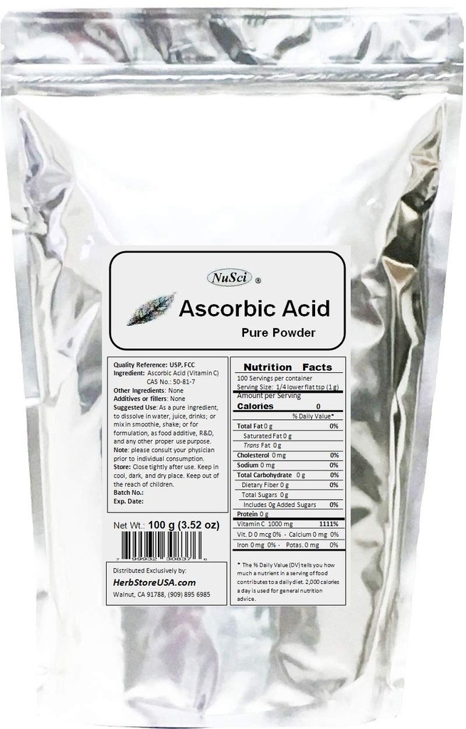 Ascorbic Acid Vitamin C Pure Powder USP & FCC Quality (100 Grams (3.52 oz))