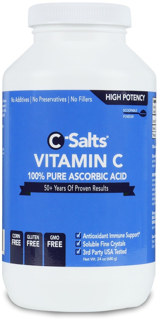 C-Salts Ascorbic Acid Powder 1000mg - Pure Vitamin C Supplement for Immune Support and Antioxidant Defense - 100% Pure with No Additives, cGMP Certified, Non-GMO, 24oz