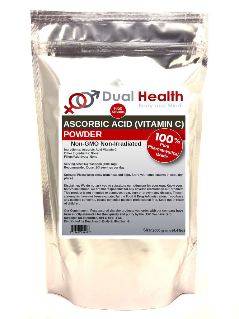 Ascorbic Acid (2000 Grams - 4.4 lbs) Pure Vitamin C Powder High Potency Food Grade Cell and Immune Support Non-GMO Soluble Fine Crystals Antioxidant Bulk Supplements Skin Hair Bones Teeth Nails