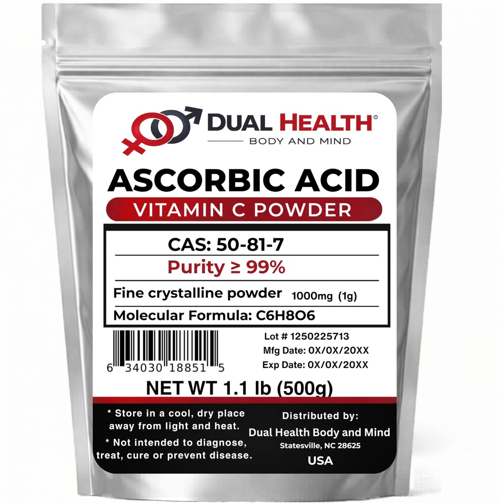 Ascorbic Acid (500g - 1.1 lbs) Pure Vitamin C Powder High Potency Food Grade Cell and Immune Support Non-GMO Soluble Fine Crystals Antioxidant Bulk Supplements Skin Hair Bones Teeth Nails