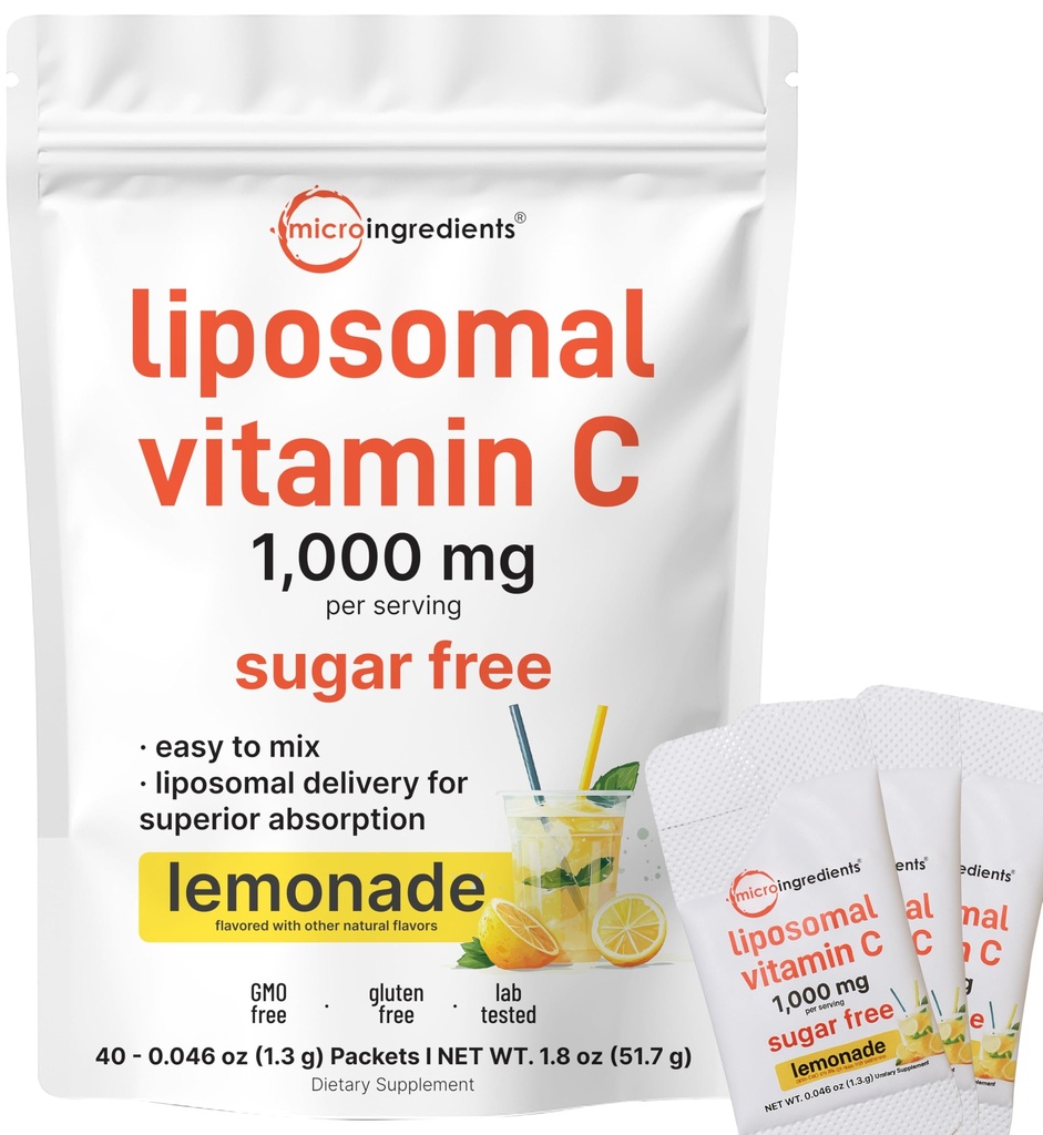 Micro Ingredients 1,000mg Vitamin C Powder for Daily Use | Liposomal Fat-Soluble Form for Better Absorption | Sugar-Free Lemonade Drink Mix | 40 Travel Packets, Fast-Dissolving
