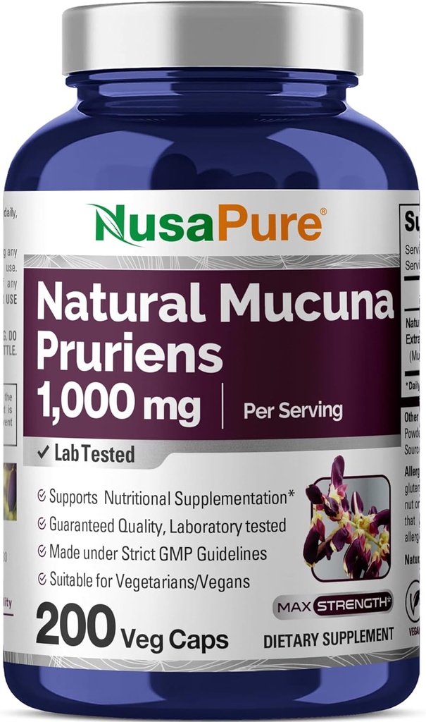 NusaPure Mucuna Pruriens 1000mg 200 Veggie Caps (Non-GMO, 100% Vegetarian, Vegan)