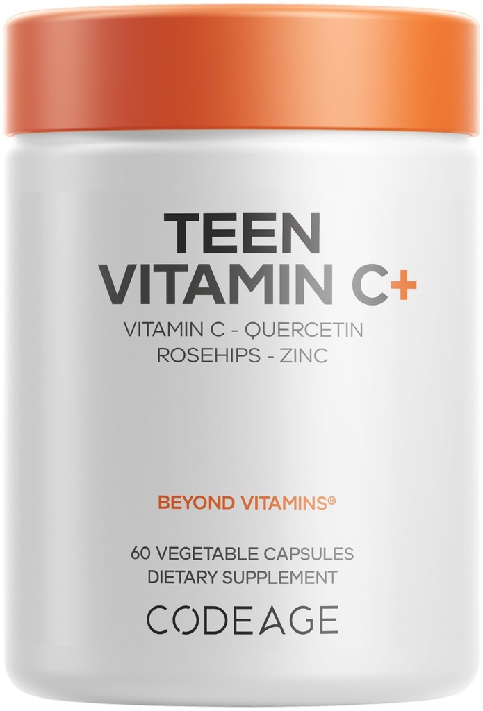 Codeage Teen Vitamin C+ Supplement - Liposomal 250mg Vitamin C for Teenagers - Quercetin, Zinc, Elderberry & Rosehip Extracts, Citrus Bioflavonoids - Ages 12-18 - Gluten-Free, Non-GMO - 60 Capsules