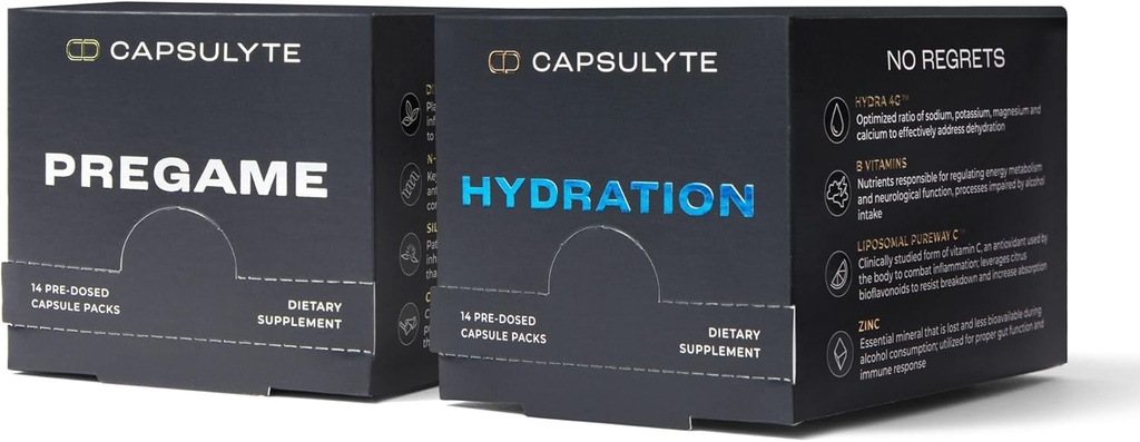 Pregame " Hydration Bundle ← Doctor Fórmido Ayuda al alcohol y recuperación ← Salud del hígado y electrolitos, vitaminas, minerales  durable Box of 14 Packets Cada (56 cápsulas por caja)