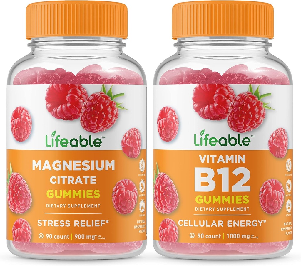 Magnesio salvavidas + vitamina B12, Gummies Bundle - Gran Tasting, Suplemento de vitamina, Gluten Gratis, GMO Gratis, Chewable Gummy