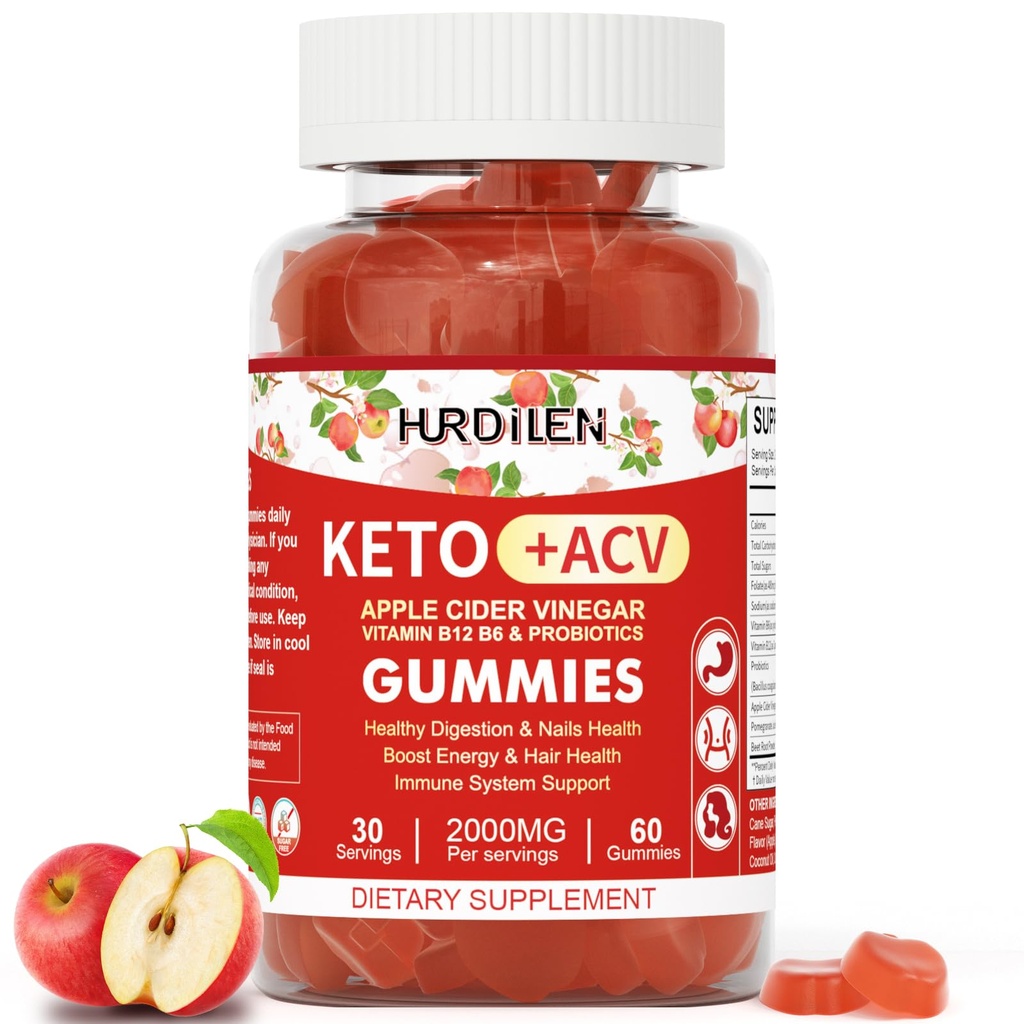 Keto ACV Gummies - 2000mg Apple Cider Vinegar Gummies con Probióticos, Vitamina B12 &amp; B6 para la Digestión, Energía Boost, Inmunización &amp; Salud del Pelo - 60 No Sugar, No GMO, Libre de gluten para Mujeres Hombres