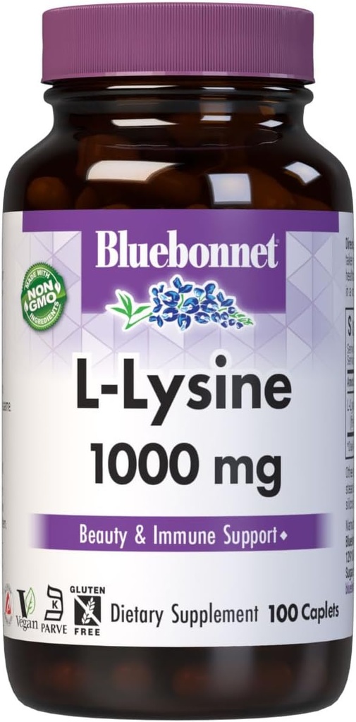 BlueBonnet L-Lysine 1000mg Essential Amino Acids Supplement - Immune & Collagen Support Supplements for Women &amp; Men - Non-GMO, Vegan &amp; Gluten-Free - 1000 mg L Lysine Por Serving - 100 Caplets