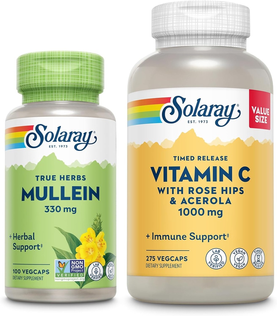 SOLARAY Vitamina C 1000mg y Mullein Leaf Wellness Bundle - Time Release Vitamin C Supplement and Mullein Capsules, Utilizado tradicionalmente para Wellness Support - Vegan, 60-Day Guarantee, 275/100 VegCaps
