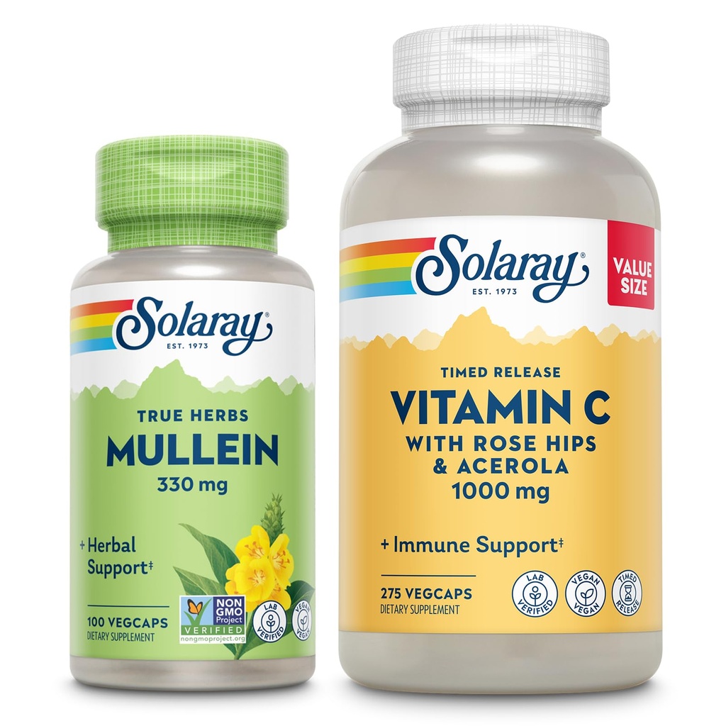 SOLARAY Vitamina C 1000mg y Mullein Leaf Wellness Bundle - Time Release Vitamin C Supplement and Mullein Capsules, Utilizado tradicionalmente para Wellness Support - Vegan, 60-Day Guarantee, 275/100 VegCaps