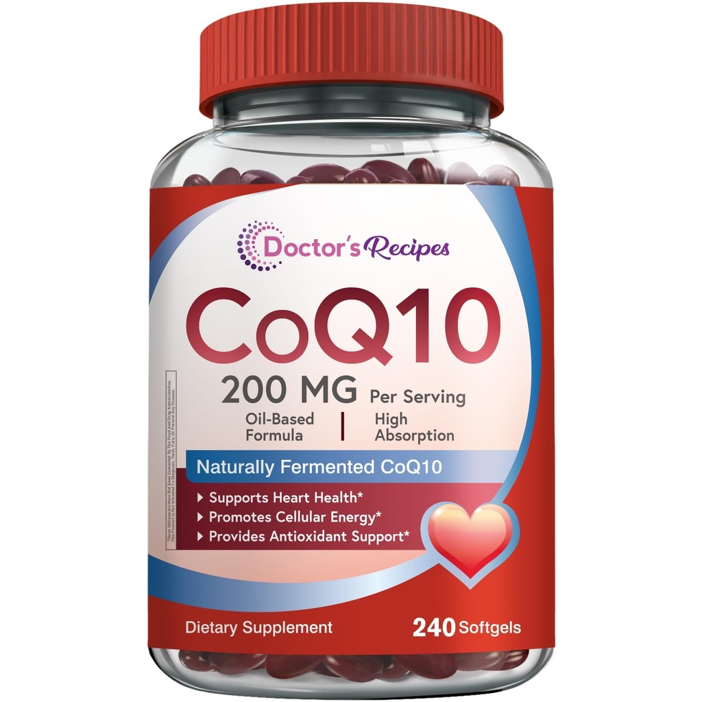 Doctor's Recipes CoQ10 200mg Per Serving, High Absorption Coenzyme Q10 Supplement with Olive Oil, Heart & Vascular Health, Energy Production & Antioxidant Support, 4 Month Supply, 240 Softgels