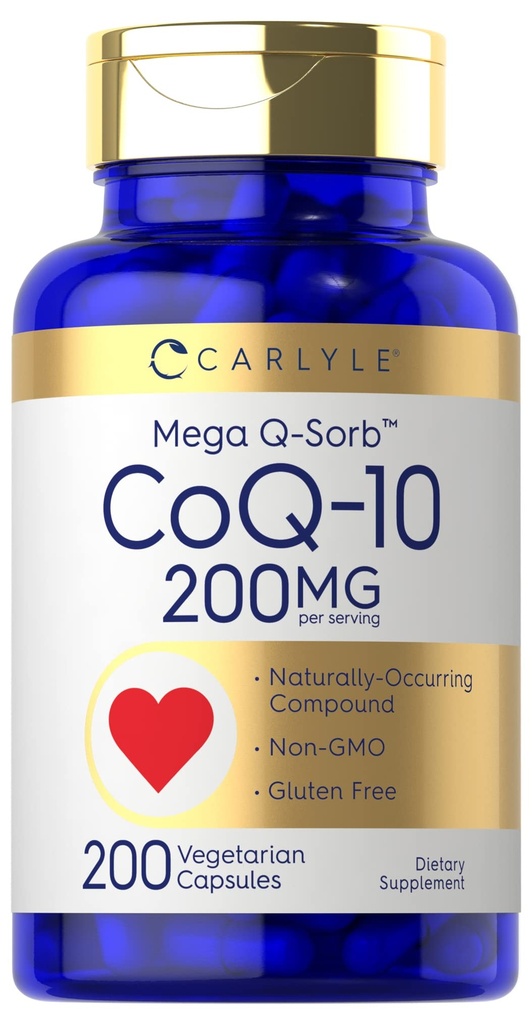 Carlyle CoQ10 200mg | 200 Capsules | Mega Q-Sorb Coenzyme Q-10 | Vegetarian, Non-GMO, Gluten Free Supplement