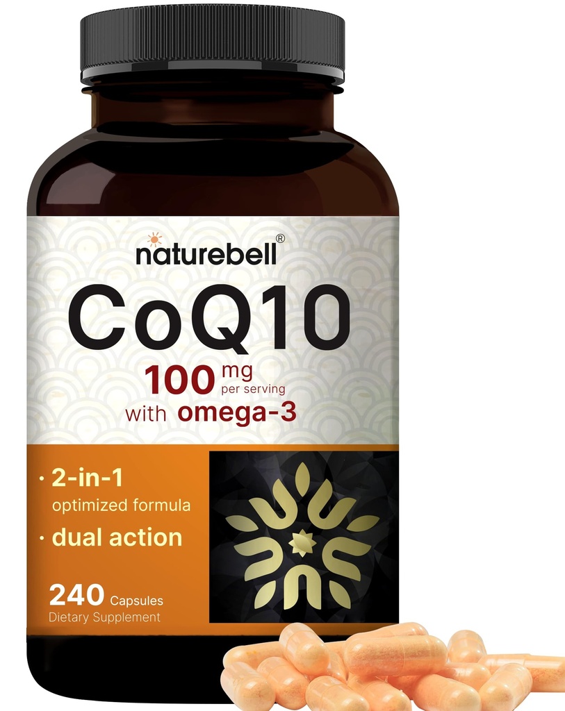 NatureBell CoQ10 100mg with Omega 3, 240 Capsules | Stable High Absorption Form – Antioxidant Support for Heart & Energy Health – Extra Strength Coenzyme Q10 Supplement
