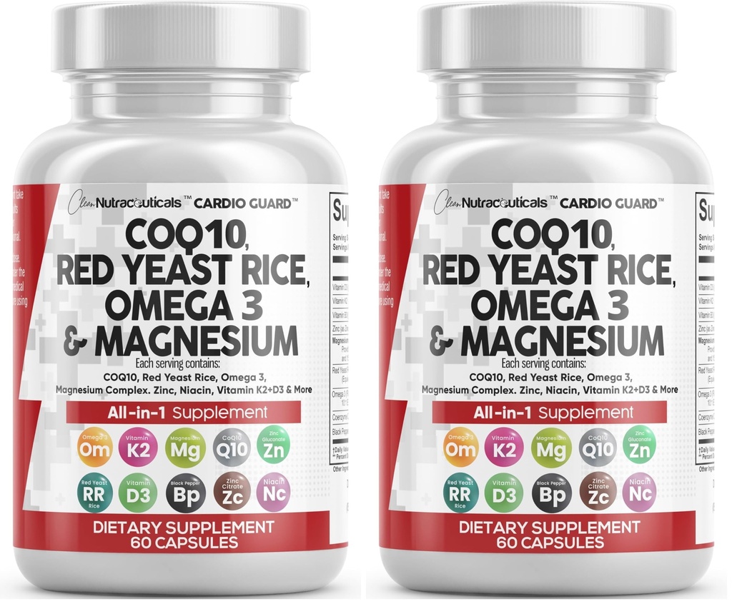 Clean Nutraceuticals COQ10 200mg Red Yeast Rice Flax Seed Magnesium Blend Niacin Zinc Vitamin K2 D3 - Heart Support Vitamins for Women & Men w/Vitamin B3, Coenzyme Q10-60 Ct (Pack of 2)